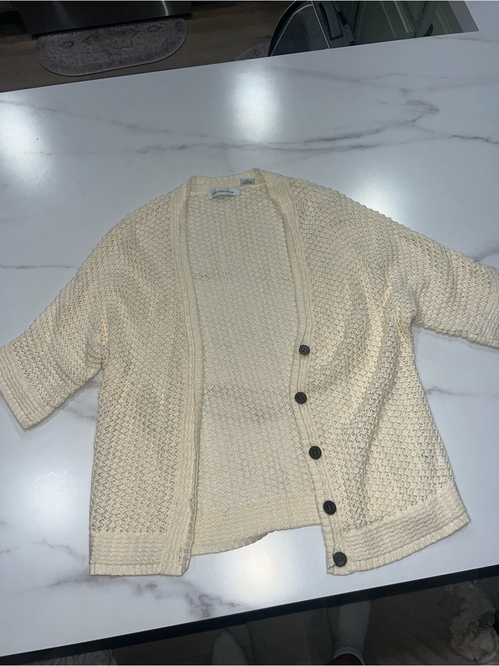 Liz Claiborne Cream Open-Front Textured Button Cardigan